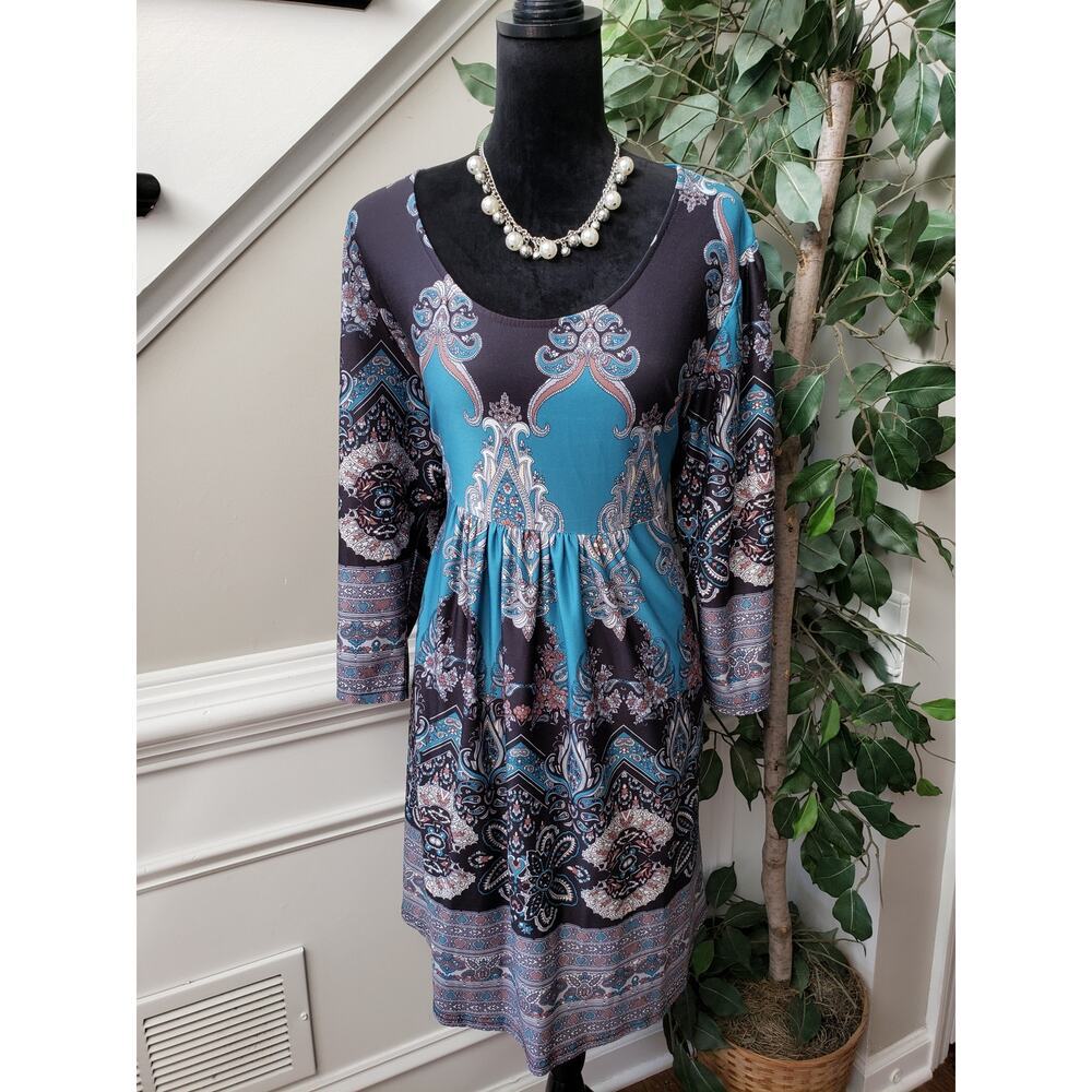 A-Line Dress Womens Size 2X Blue Paisley Gathered Long Sleeve Round Neck Stretch